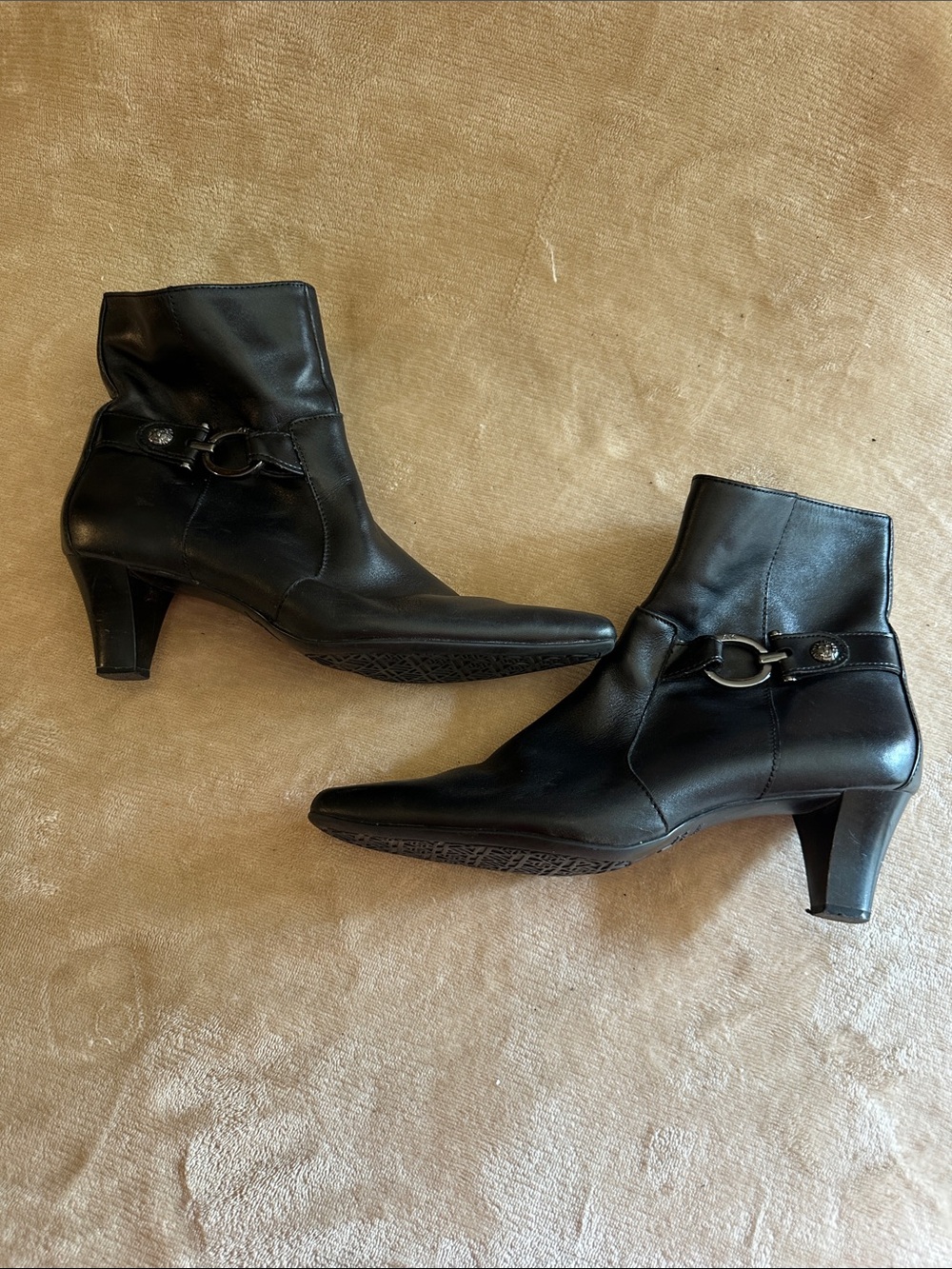 Anne Klein Black Leather Ankle Booties with Ring Accent
